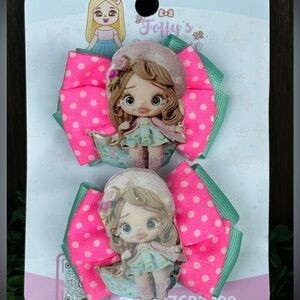 Pink and Green Hair Bow Set for Kids